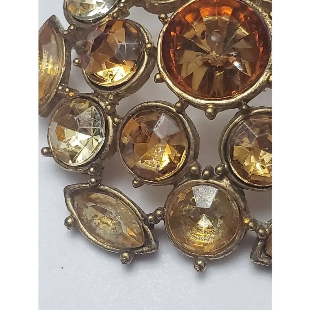 Vintage Gem Domed Brooch Topaz & Amber Rhinestones